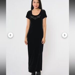 Danielle Casey VTG Black Stretch Floral Velvet Short Sleeve Maxi Dress Sz 14